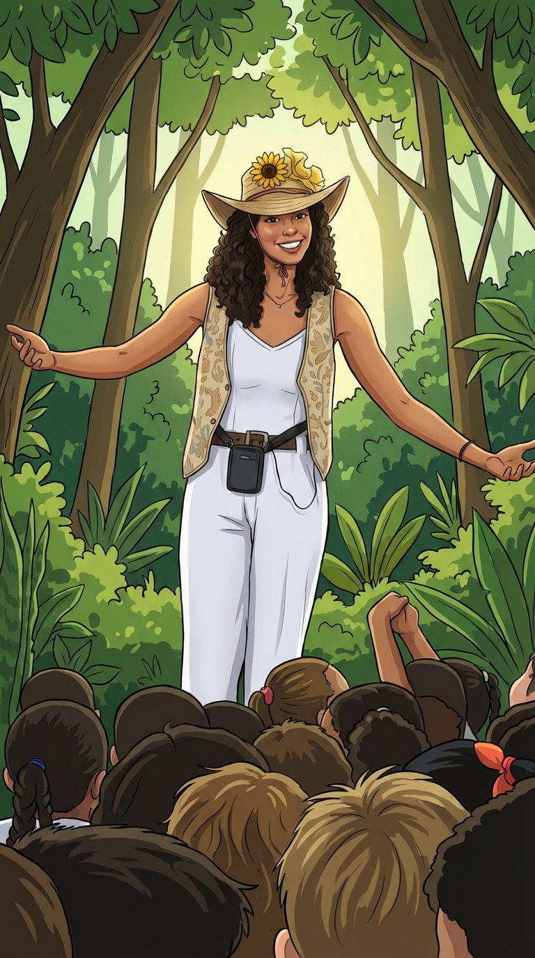 Ilustração da Professora Andréa na floresta
